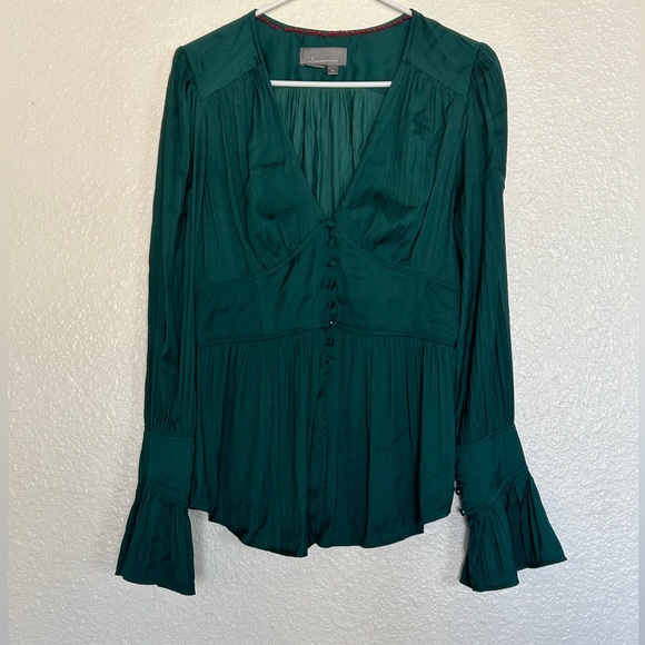 By Anthropologie Deep-V Tunic Button Down Top Green Satin Color Sz. M - Picture 6 of 12
